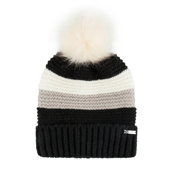 Jessica Simpson Women's Striped Faux Fur Pom Beanie Hat - Picture 2 of 9